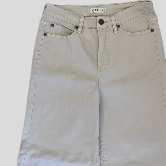 OAT New York Beige Neutral Mid Rise Wide Leg Cropped Frayed Denim Jeans - 4 27 - Picture 3 of 9